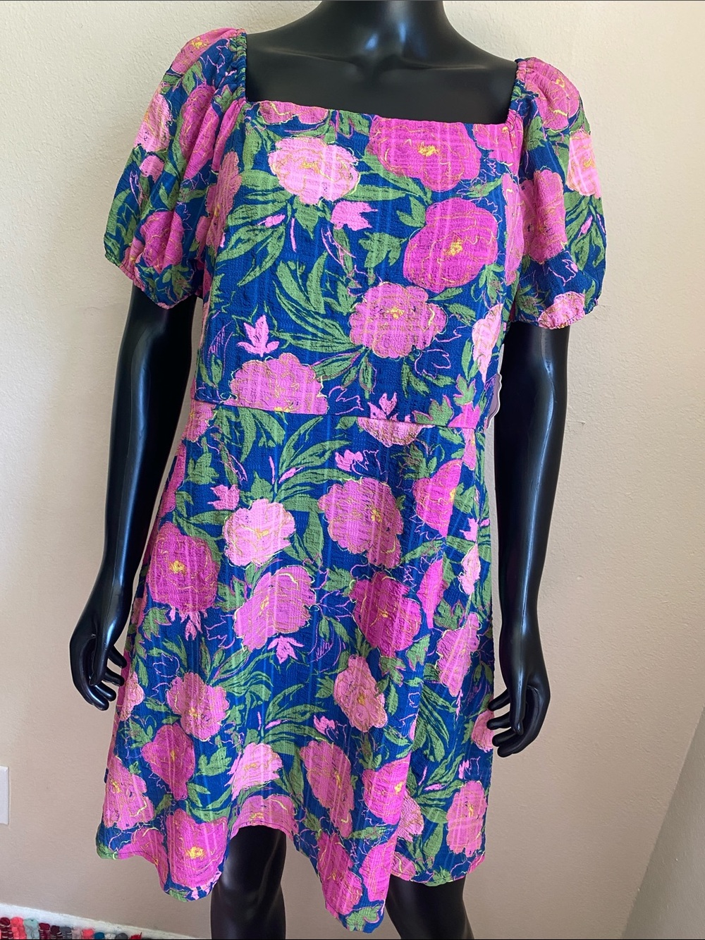A.U.W. Pink Floral Scoop-Neck Midi Dress with Puff Sleeves NWTs